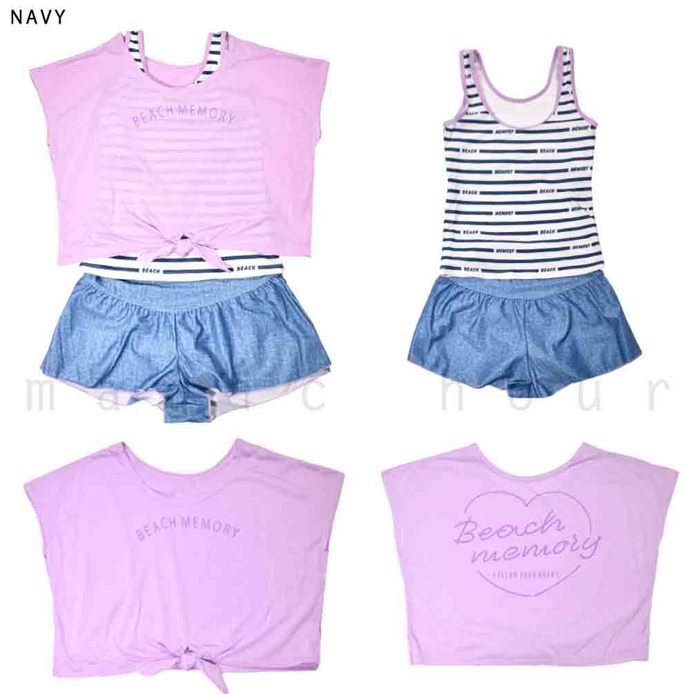 水着 子供 女の子 ガールズ スイムウェア タンキニ ショートパンツ T付き 3点 セット ジュニア 子ども 女子 お洒落 ボーダー かわいい 140cm 150cm 160cm 白 紫 BM-23GIRLSW-373082-BLACK-140 BEACH MEMORY 4