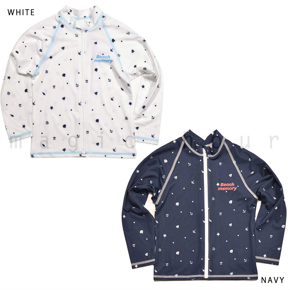 送料無料 ラッシュガード キッズ 子供 長袖 UVカット 水着 女の子 ガールズ ジュニア ジップアップ パーカー 女の子 女児 白 ネイビー ドット 100 110 120 130cm U-BM-340034-JRRASH-NAVY-100 BEACH MEMORY 3