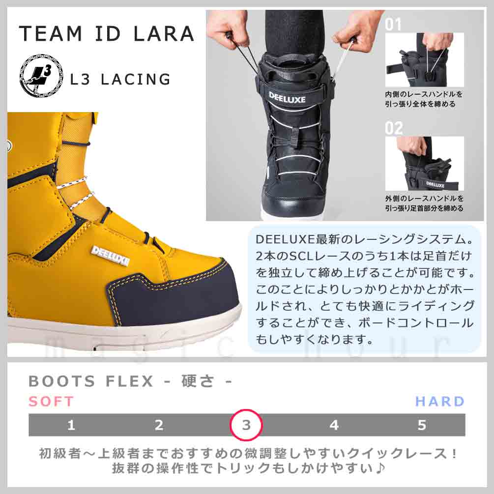 スノーボード ブーツ BOA レディース DEELUXE ディーラックス TEAM ID LARA クイックレース 紐タイプ 23-24 2024モデル 22.5 - 25.5cm イエロー 黒 お洒落 BP-DXBOT-24IDLARA-SUNFLOWER-225 DEELUXE(ディーラックス) 1