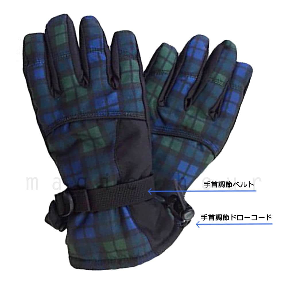 スノーボード グローブ レディース 防水 スキー スノボ ポケット付 防寒 五本指 手袋 チェック 柄 アウトドア 登山 雪かき CK-25M-GRN-WL  1