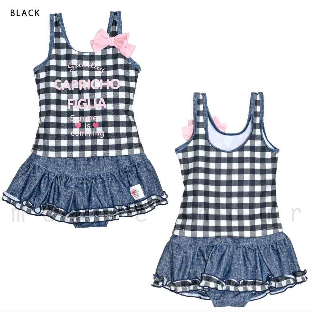 水着 キッズ 子供 女の子 ガールズ スイムウェア タンキニ 2点 セット チェック 柄 デニム 女子 かわいい リボン 女児 100cm 110cm 120cm 130cm お洒落 ネイビー CPF-329003-GIRLSW-BLACK-100 Capricho figlia 4