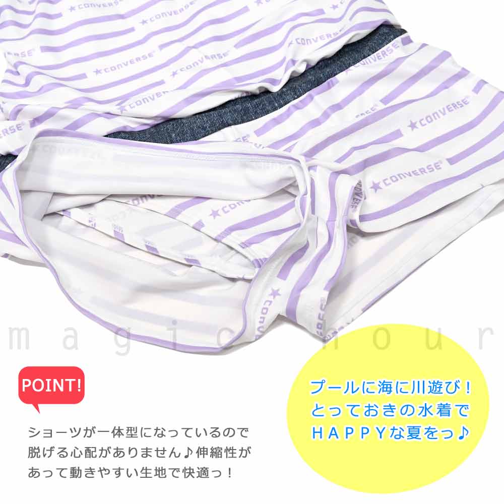 水着 子供 女の子 ガールズ スイムウェア ブランド ワンピース T付き 2点 セット ロンパース ジュニア 子ども お洒落 かわいい 140cm 150cm 160cm ピンク 緑デ CV-MRGRSW-362181-BLK-140 CONVERSE(コンバース) 2