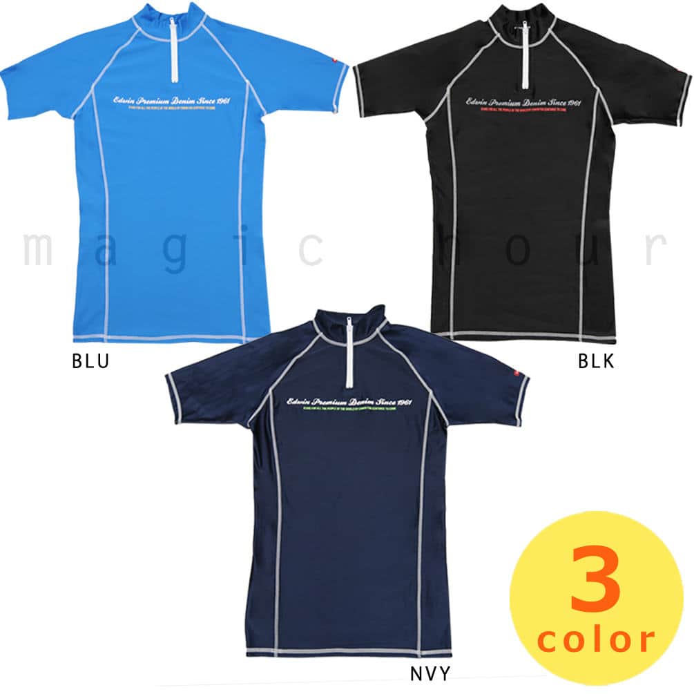 送料無料 ラッシュガード メンズ レディース 半袖 おしゃれ ラッシュ 水着 EDWIN UVカット UPF50+ 黒 ブラック ブルー S M L LL 吸汗 速乾 紫外線対策 U-EW-838302-BLK-L EDWIN(エドウィン) 2