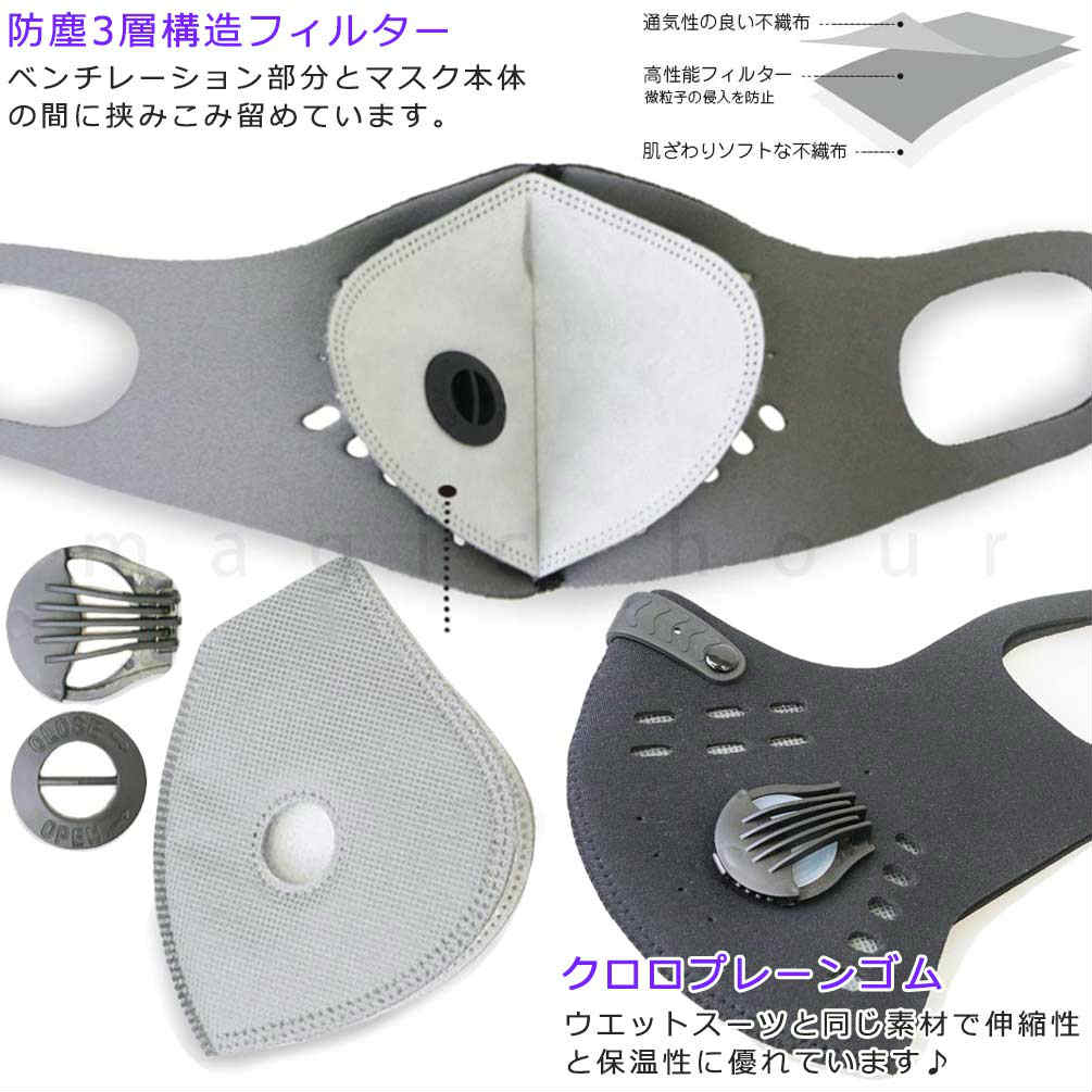 送料無料 スポーツ マスク 立体 不織布付き メンズ レディース フェイスマスク 高性能 花粉 防塵 PM2.5 活性炭フィルター 飛沫防止 黒 おしゃれ 女性 男性 スキー U-FF-11-LONG-BLK-F  3