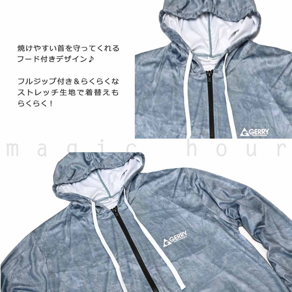 送料無料 ラッシュガード メンズ 長袖 ラッシュパーカー UVカット フード付き ジップアップ GERRY 水着 ブランド UPF50+ 青 黒 グレー M L LL 紫外線対策 U-GR-25LSRASH-835502-BLACK-L GERRY(ジェリー) 2
