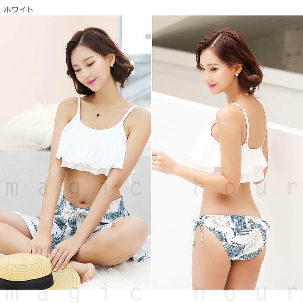 水着 レディース バンドゥ ビキニ フリル 体型カバー 花柄 3点 セット フレアバンドゥビキニ セパレート レース 短パン 大きいサイズ フィットネス 白 ブラック J-8427-BLK-L  5