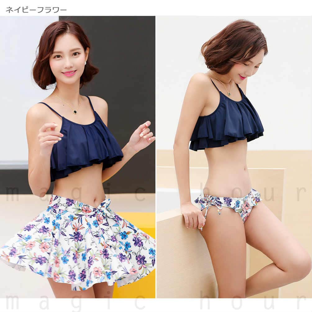 水着 レディース バンドゥ ビキニ フリル 体型カバー 花柄 3点 セット フレアバンドゥビキニ セパレート レース 短パン 大きいサイズ フィットネス 白 ブラック J-8427-BLK-L  7