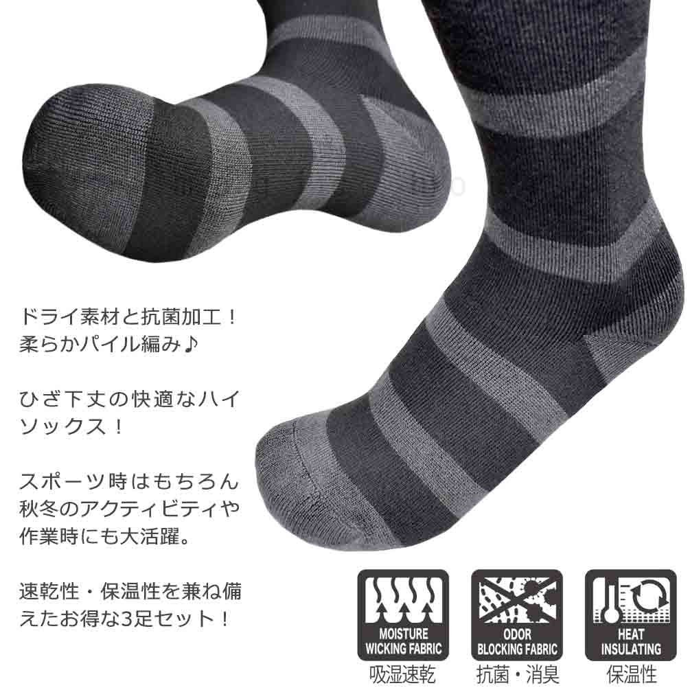 スキー スノーボード ソックス 靴下 メンズ 3足組 スポーツソックス KARNA パイル編み 吸汗 速乾 防寒 保温 抗菌 防臭 ブラック グレー 青 ボーダー柄 KNS-1903-M-25-27 KARNA(カルナ) 1