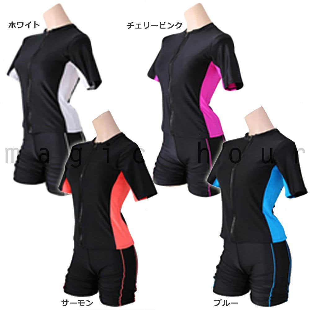 フィットネス 水着 レディース セパレート 体系カバー 半袖 2点 セット ジップアップ めくれ防止 大きいサイズ 競泳水着 レディス スイムウェア CY1411-BLUE-11L  3