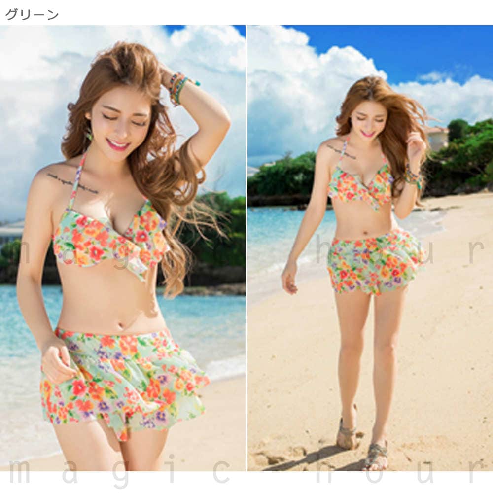 水着 レディース バンドゥ ビキニ 花柄 シフォン フリル 体型カバー 3点 セット フレアバンドゥビキニ セパレート レース 短パン 大きいサイズ フィットネス MH-SW1701-BLUE-L  4