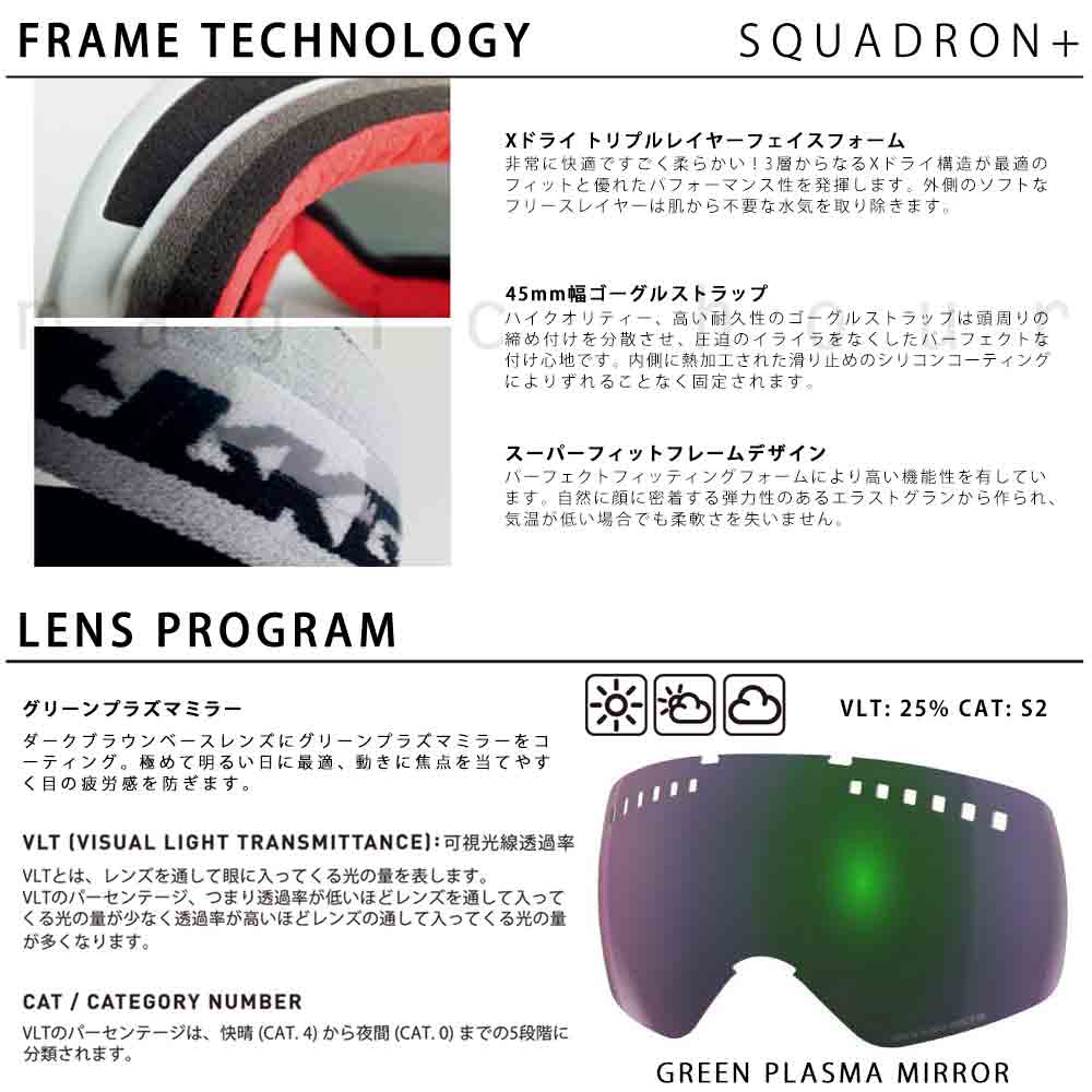 スキーゴーグル スノーボード ゴーグル メンズ レディース ミラー MARKER マーカー マグネット SQUADRON+ スペアレンズ セット くもり止め ダブルレンズ 平面 緑 MK-SQUADRNPLS-BLKM-169350-15-4-3N MARKER(マーカー) 3