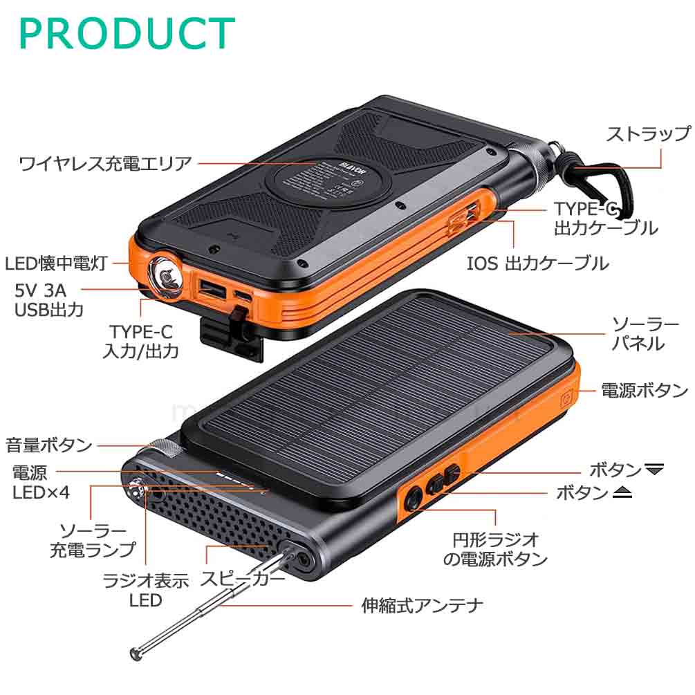 モバイルバッテリー 20000mAh 大容量 ソーラー チャージャー 防水 防塵 ワイヤレス充電 2本ケーブル内蔵 FMラジオ 懐中電灯 地震 防災 アウトドア キャンプ 登山 NB-BLAVOR-PN-W26  3