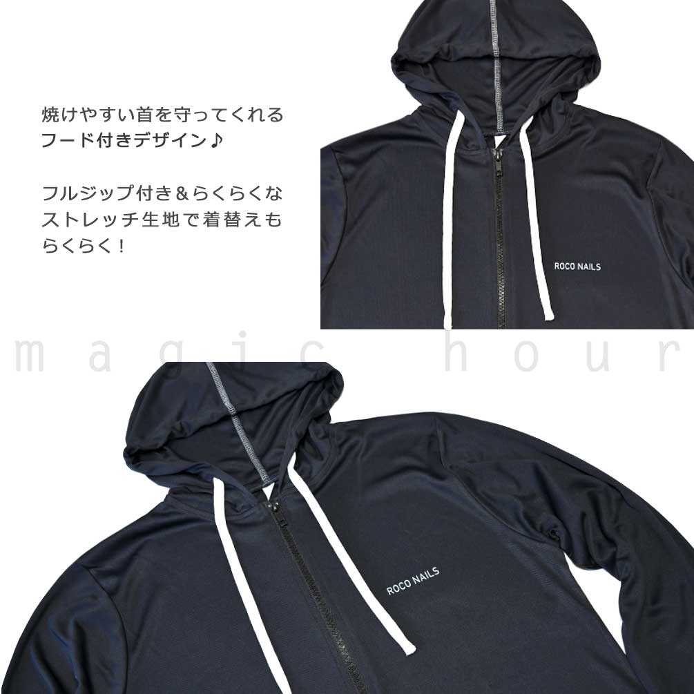 送料無料 ラッシュガード メンズ 長袖 ラッシュパーカー UVカット フード付き ジップアップ 水着 ブランド UPF50+ 黒 白 ブラック ホワイト M L LL 紫外線対策 U-RN-25LSRASH-835701-BLACK-L ROCO NAILS 2