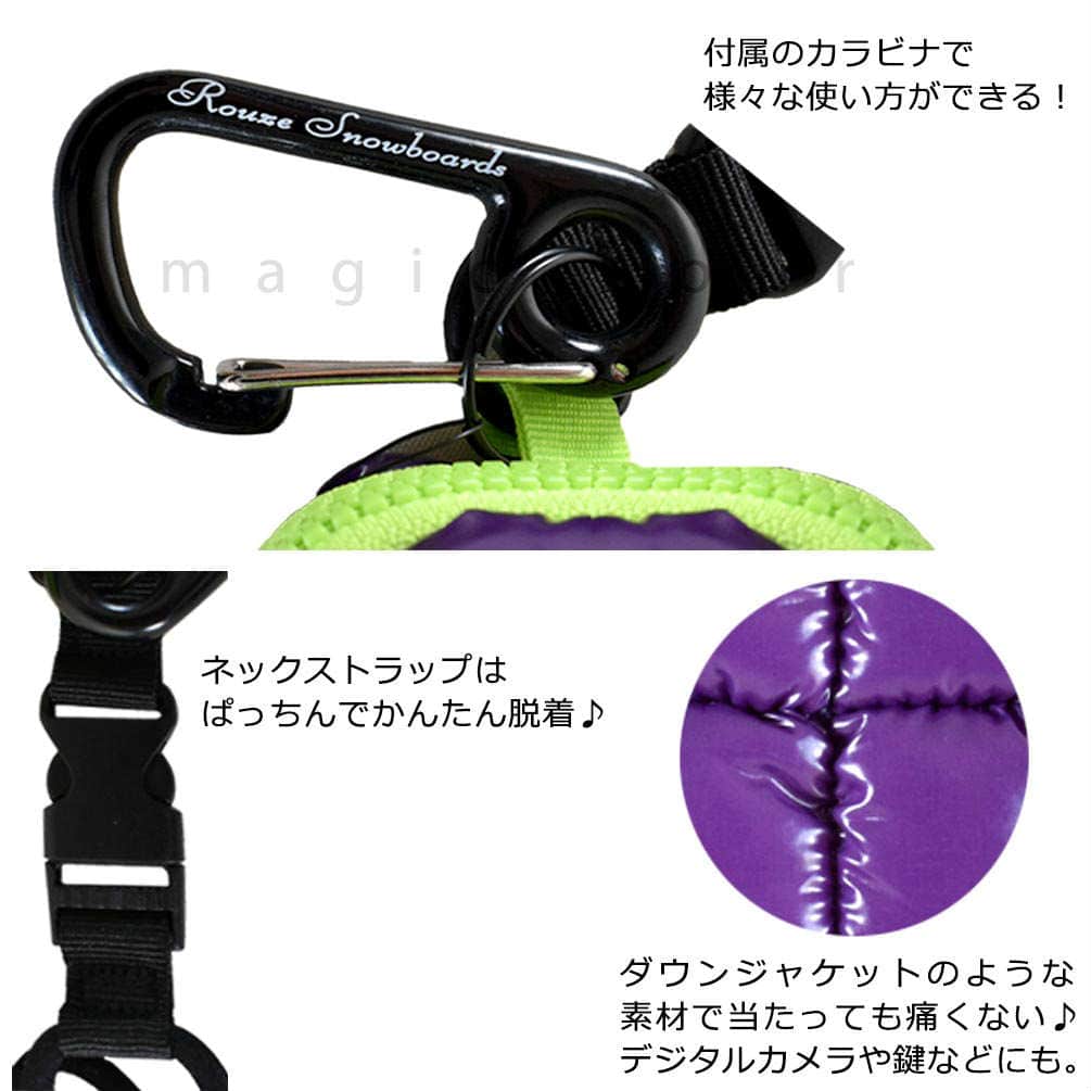 スキー スノボ モバイル ポーチ カラビナ付 ネックストラップ ケース ROUZE 痛くない ダウンジャケット風 小物入れ 黒 赤 青 紫 ピンク スノボー 便利グッズ RZA500-BLACK-F ROUZE(ラウズ) 1