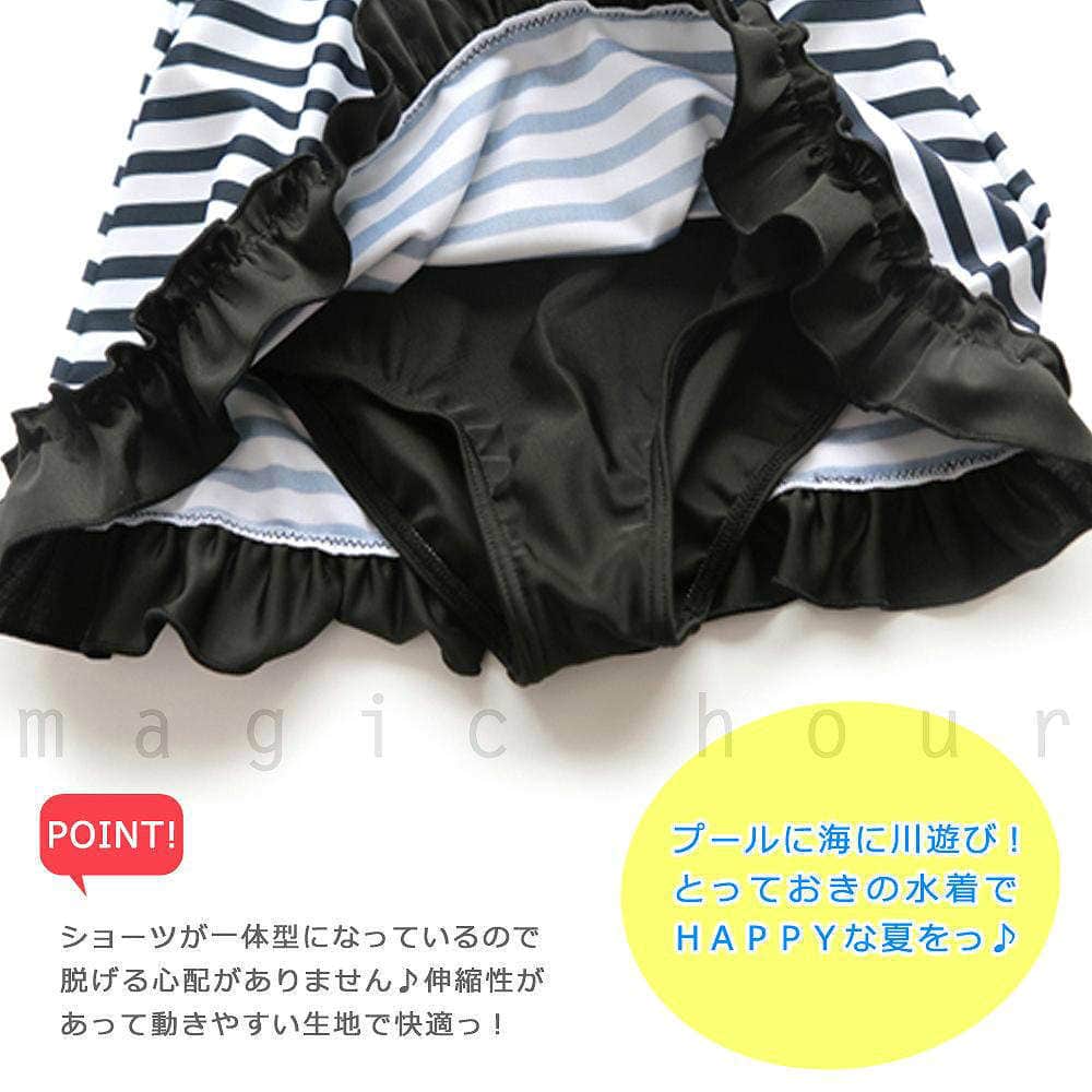 水着 キッズ 子供 女の子 ボーダー フリル ワンピース ジュニア ガールズ リボン スイムウェア 女の子 女児 100cm 110cm 120cm 130cm 140cm オールインワン SKL1611-BLK-100  2
