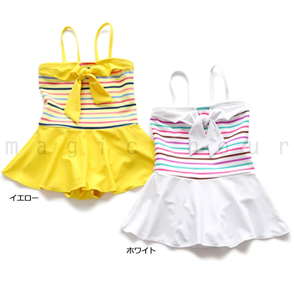 水着 キッズ 子供 女の子 ボーダー フリル ワンピース ジュニア ガールズ リボン スイムウェア 女の子 女児 100cm 110cm 120cm 130cm 140cm オールインワン 白 SKL1612-WHT-100  3