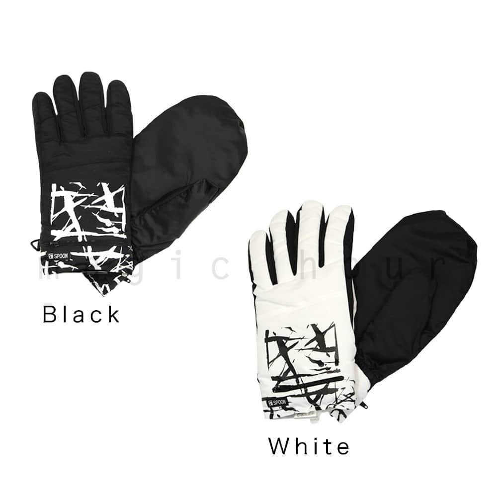 3way!! ミトンになる スキー スノーボード グローブ メンズ レディース スノボ 防水 スノーグローブ ブランド 手袋 SPOON スプーン ミドル丈 中綿 定番 白 黒 SPG-1951-BLK-L SPOON(スプーン) 1