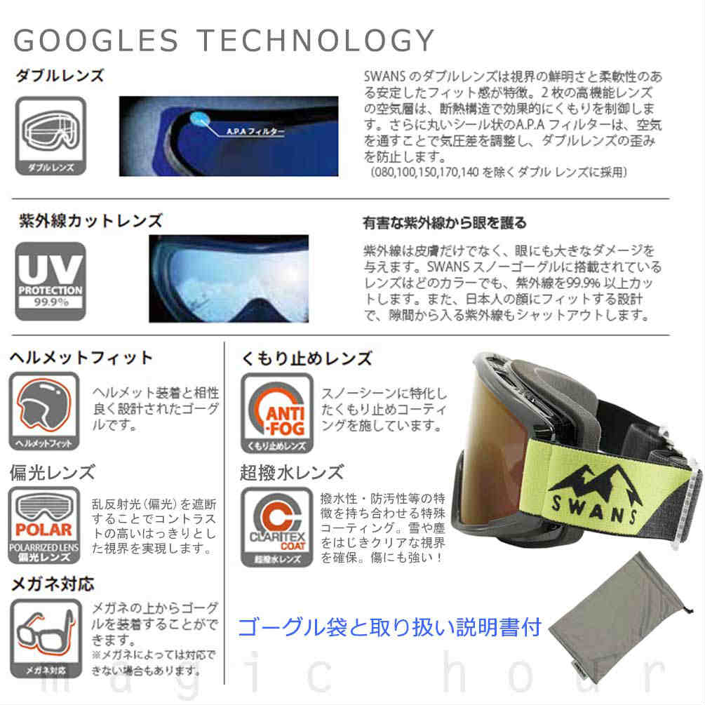 スキーゴーグル メンズ レディース スノー ゴーグル 眼鏡対応 偏光 くもり止め ダブルレンズ UVカット 撥水 レンズ SWANS スワンズ スノボー ヘルメット対応 黒 SWANS-100-MDH-BK-F SWANS(スワンズ) 1