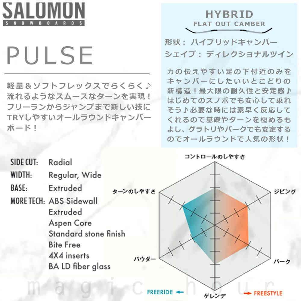 スノーボード 板 メンズ 単品 2021 SALOMON サロモン PULSE オールラウンド グラトリ ハイブリッド キャンバー ボード パーク Wロッカー かっこいい 黒 ブラック TR-SLMSB-21PULSE-145 SALOMON(サロモン) 1