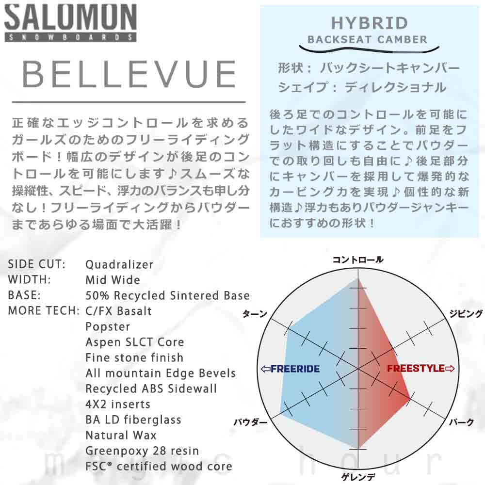 スノーボード 板 レディース 単品 SALOMON サロモン パウダーボード BELLEVUE スノボー ハイブリッド キャンバー ボード パウダーロッカー おしゃれ 黒 ブラック TR-SLMSB-24BELEVUE-144 SALOMON(サロモン) 1