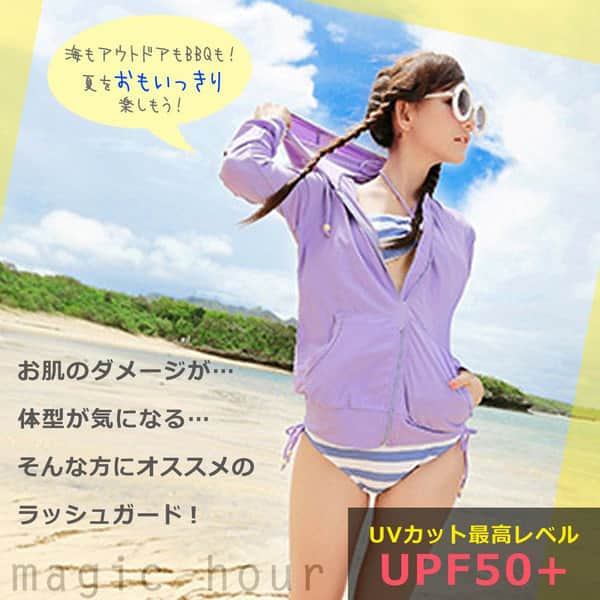 送料無料 ラッシュガード レディース 長袖 UVカット ジップアップ パーカー 水着 フード付 ラッシュパーカー UPF50 日焼け防止 体型カバー ピンク ブルー 白 黒 U-YY1244-BLK-L  2