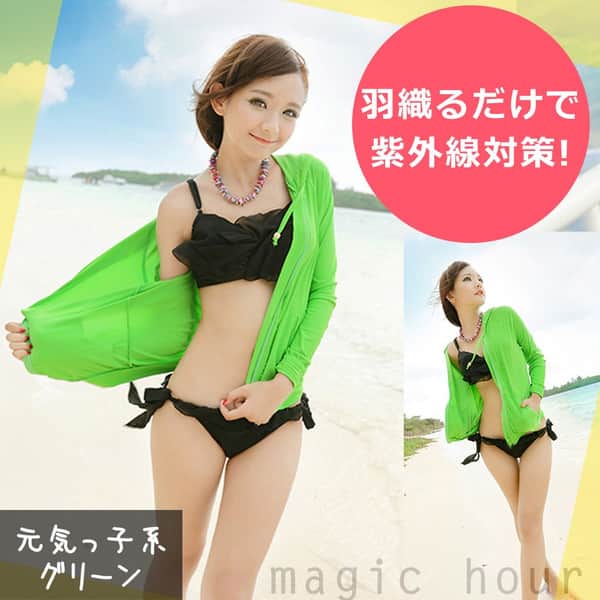 送料無料 ラッシュガード レディース 長袖 UVカット ジップアップ パーカー 水着 フード付 ラッシュパーカー UPF50 日焼け防止 体型カバー ピンク ブルー 白 黒 U-YY1244-BLK-L  3