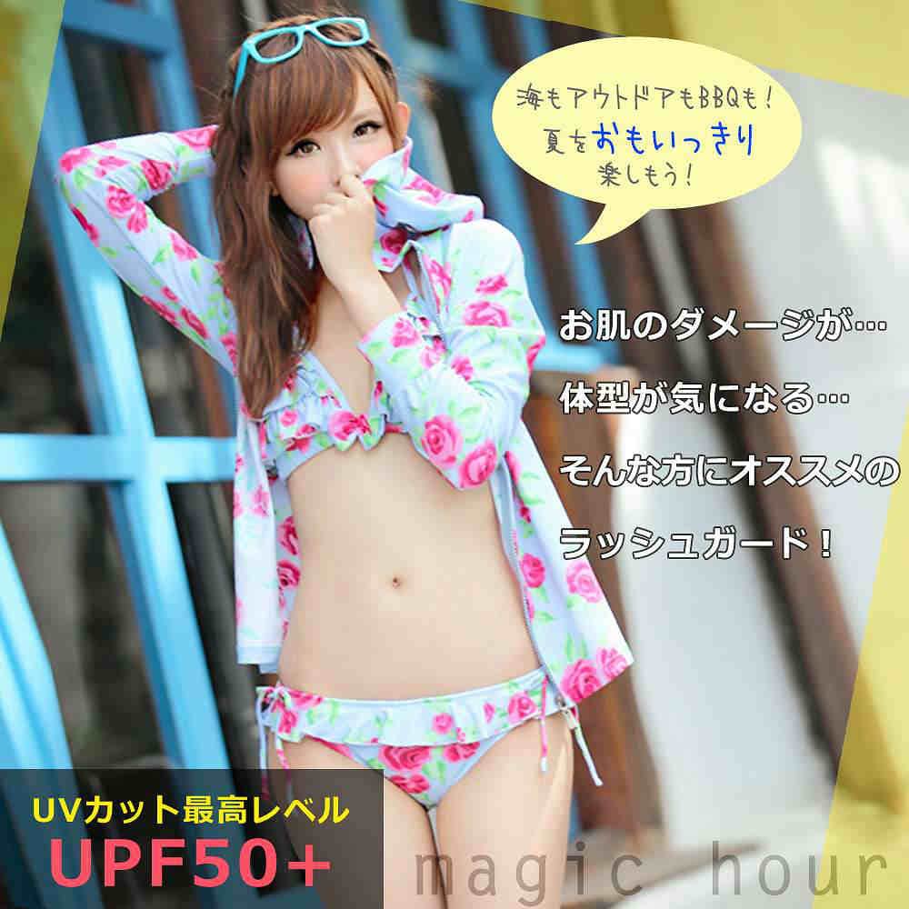 ラッシュガード レディース 長袖 UVカット ジップアップ パーカー 水着 フード付き ラッシュパーカー 花柄 UPF50+ 体型カバー 日焼け防止 ローズフラワー ピンク YY1307-BLK-L  2