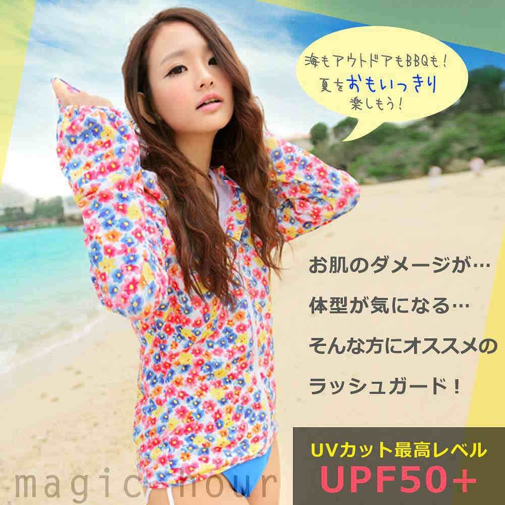 ラッシュガード レディース 長袖 UVカット ジップアップ 指穴 パーカー 水着 フード付き ラッシュパーカー 小花柄 UPF50 体型カバー 日焼け防止 フラワー ピンク YY1490-BLK-L  2